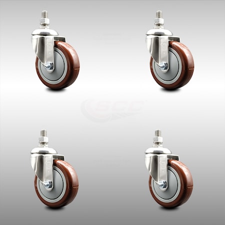 Service Caster 4 Inch 316SS Maroon Polyurethane Wheel Swivel 3/8 Inch Threaded Stem Caster Set SCC-SS316TS20S414-PPUB-MRN-381615-4